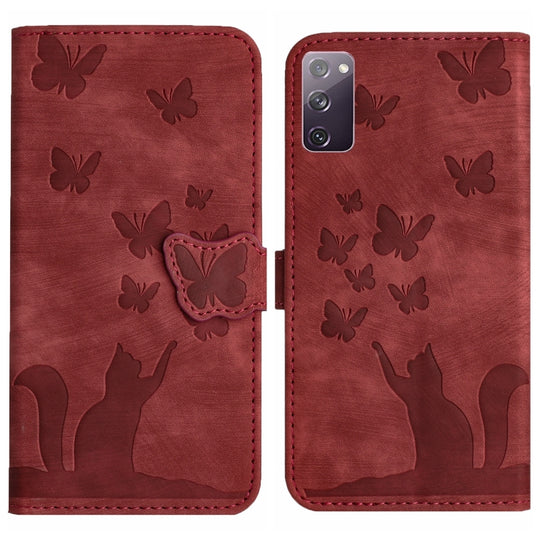 For Samsung Galaxy S20 FE Butterfly Cat Embossing Flip Leather Phone Case(Red)