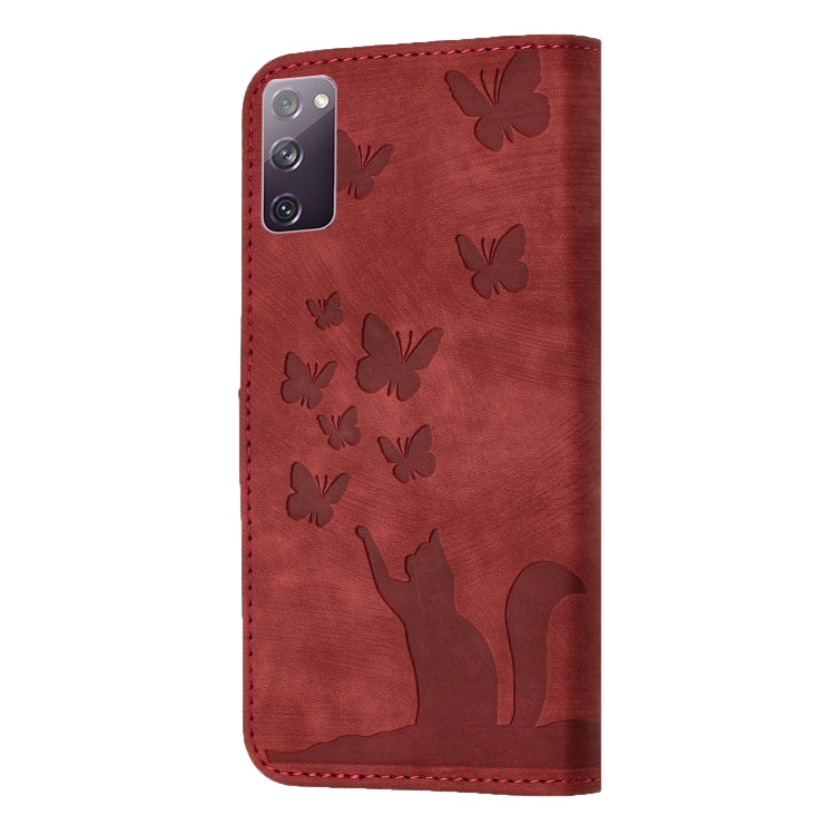 For Samsung Galaxy S20 FE Butterfly Cat Embossing Flip Leather Phone Case(Red) by buy2fix