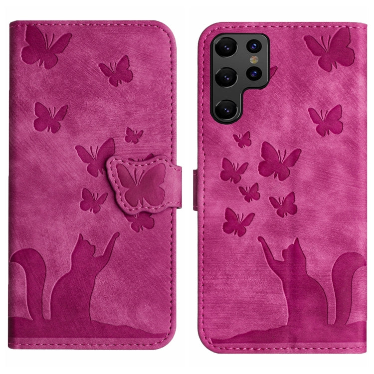 For Samsung Galaxy S22 Ultra 5G Butterfly Cat Embossing Flip Leather Phone Case(Pink) by buy2fix