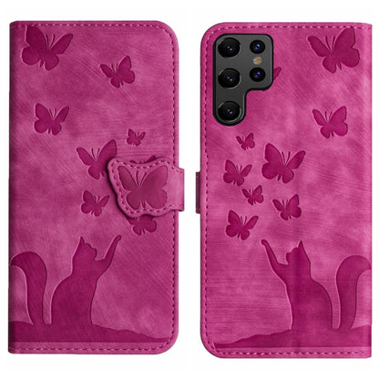 For Samsung Galaxy S22 Ultra 5G Butterfly Cat Embossing Flip Leather Phone Case(Pink) by buy2fix