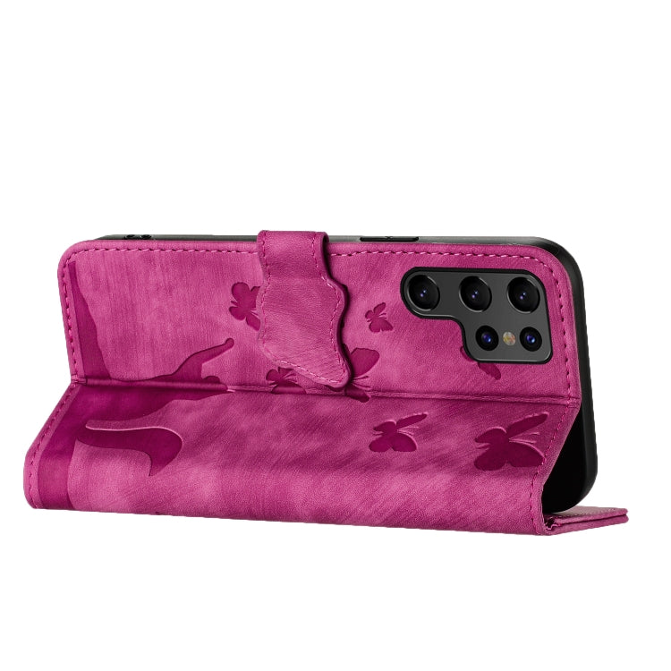 For Samsung Galaxy S22 Ultra 5G Butterfly Cat Embossing Flip Leather Phone Case(Pink) by buy2fix