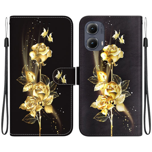 For Motorola Edge 2024 Crystal Texture Colored Drawing Leather Phone Case(Gold Butterfly Rose) by buy2fix