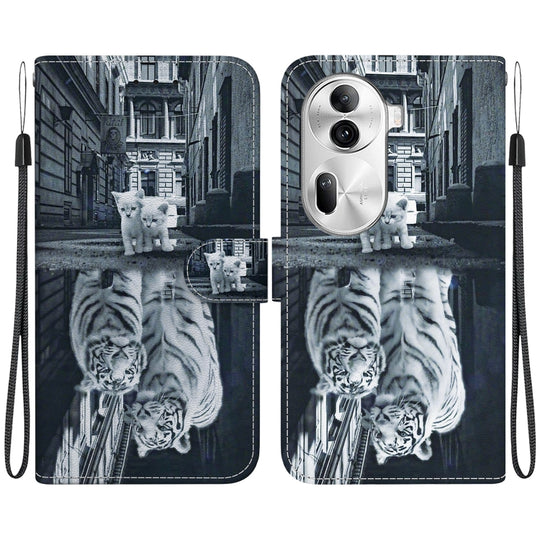 For OPPO Reno11 Pro 5G Global Crystal Texture Colored Drawing Leather Phone Case(Cat Tiger Reflection)