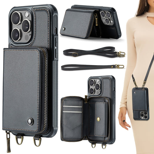 For iPhone 15 Pro JEEHOOD C22 Series Zipper Wallet Leather Phone Case with Dual Lanyard(Black) - iPhone 15 Pro Cases by JEEHOOD | Online Shopping UK | buy2fix