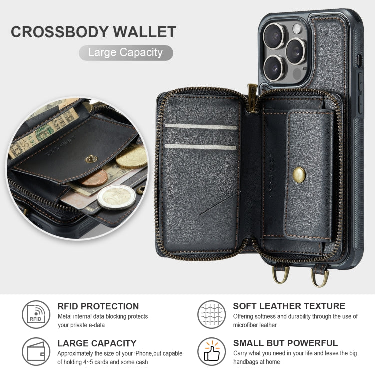 For iPhone 15 Pro JEEHOOD C22 Series Zipper Wallet Leather Phone Case with Dual Lanyard(Black) - iPhone 15 Pro Cases by JEEHOOD | Online Shopping UK | buy2fix