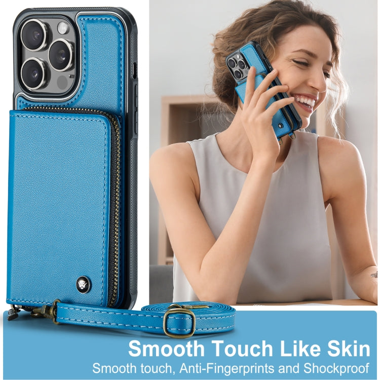 For iPhone 15 Pro JEEHOOD C22 Series Zipper Wallet Leather Phone Case with Dual Lanyard(Blue) - iPhone 15 Pro Cases by JEEHOOD | Online Shopping UK | buy2fix