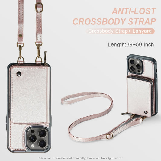 For iPhone 15 Pro JEEHOOD C22 Series Zipper Wallet Leather Phone Case with Dual Lanyard(Rose Gold) - iPhone 15 Pro Cases by JEEHOOD | Online Shopping UK | buy2fix