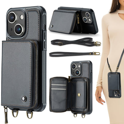 For iPhone 15 JEEHOOD C22 Series Zipper Wallet Leather Phone Case with Dual Lanyard(Black) - iPhone 15 Cases by JEEHOOD | Online Shopping UK | buy2fix