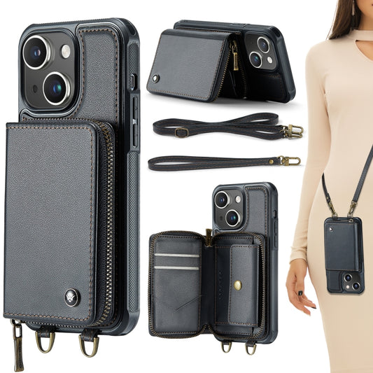 For iPhone 15 JEEHOOD C22 Series Zipper Wallet Leather Phone Case with Dual Lanyard(Black) - iPhone 15 Cases by JEEHOOD | Online Shopping UK | buy2fix