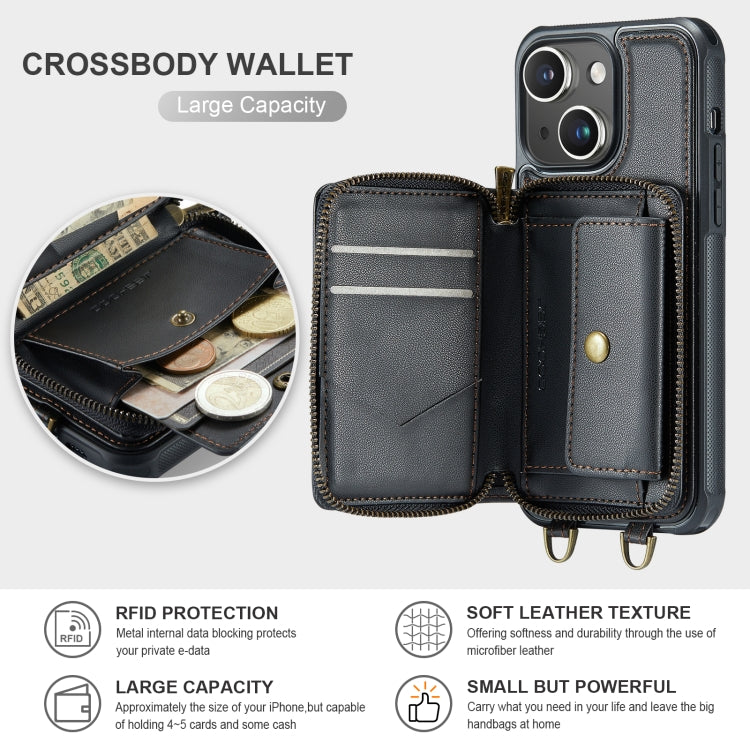 For iPhone 15 JEEHOOD C22 Series Zipper Wallet Leather Phone Case with Dual Lanyard(Black) - iPhone 15 Cases by JEEHOOD | Online Shopping UK | buy2fix