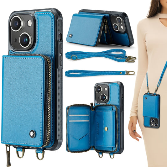 For iPhone 15 JEEHOOD C22 Series Zipper Wallet Leather Phone Case with Dual Lanyard(Blue) - iPhone 15 Cases by JEEHOOD | Online Shopping UK | buy2fix