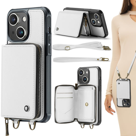 For iPhone 15 JEEHOOD C22 Series Zipper Wallet Leather Phone Case with Dual Lanyard(White)