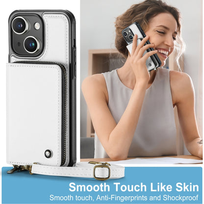 For iPhone 15 JEEHOOD C22 Series Zipper Wallet Leather Phone Case with Dual Lanyard(White) - iPhone 15 Cases by JEEHOOD | Online Shopping UK | buy2fix