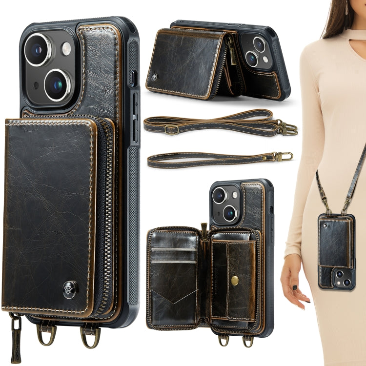 For iPhone 15 JEEHOOD C22 Series Zipper Wallet Leather Phone Case with Dual Lanyard(Coffee) - iPhone 15 Cases by JEEHOOD | Online Shopping UK | buy2fix