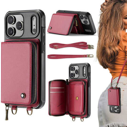 For iPhone 17 Pro Max JEEHOOD C22 Series Zipper Wallet Leather Phone Case with Dual Lanyard(Red)