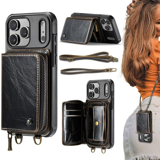 For iPhone 17 Pro Max JEEHOOD C22 Series Zipper Wallet Leather Phone Case with Dual Lanyard(Coffee)