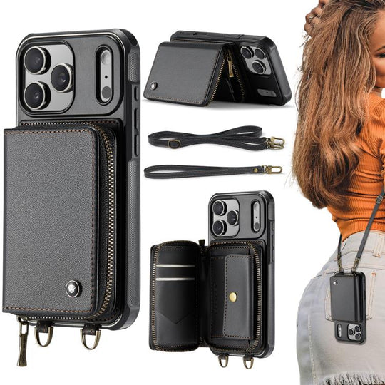 For iPhone 17 Pro JEEHOOD C22 Series Zipper Wallet Leather Phone Case with Dual Lanyard(Black)