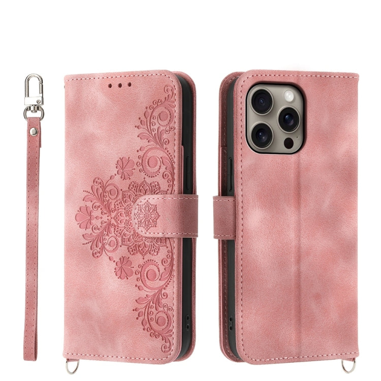 For iPhone 16 Pro Max Skin-feel Flowers Embossed Wallet Leather Phone Case(Pink) by buy2fix