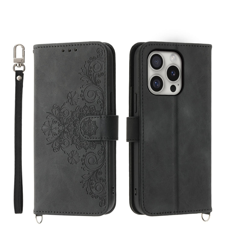 For iPhone 16 Pro Skin-feel Flowers Embossed Wallet Leather Phone Case(Black) by buy2fix