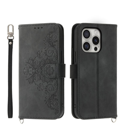 For iPhone 16 Pro Skin-feel Flowers Embossed Wallet Leather Phone Case(Black) by buy2fix