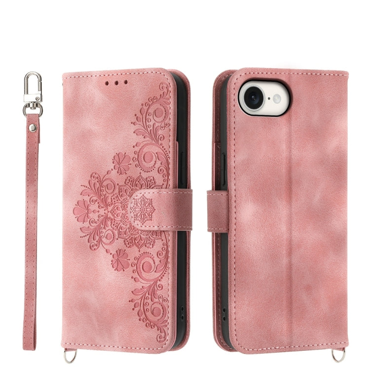 For iPhone 16e Skin-feel Flowers Embossed Wallet Leather Phone Case(Pink) by buy2fix