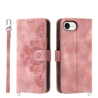 For iPhone 16e Skin-feel Flowers Embossed Wallet Leather Phone Case(Pink) by buy2fix