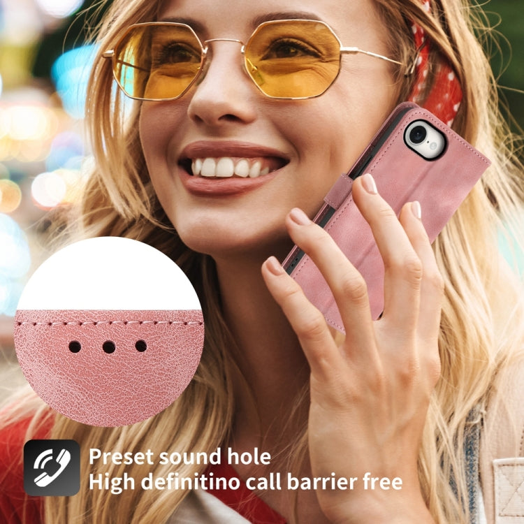 For iPhone 16e Skin-feel Flowers Embossed Wallet Leather Phone Case(Pink) by buy2fix