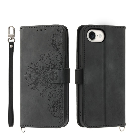 For iPhone 16e Skin-feel Flowers Embossed Wallet Leather Phone Case(Black) by buy2fix