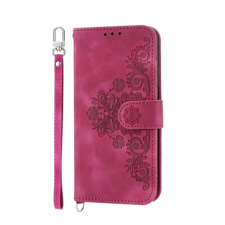 For iPhone 16e Skin-feel Flowers Embossed Wallet Leather Phone Case(Wine Red) by buy2fix
