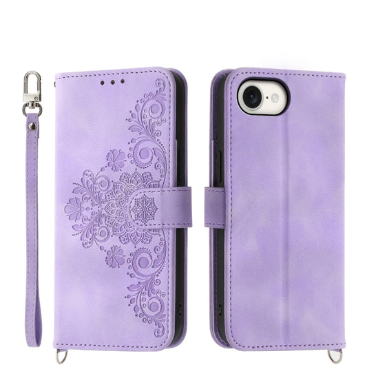 For iPhone 16e Skin-feel Flowers Embossed Wallet Leather Phone Case(Purple) by buy2fix