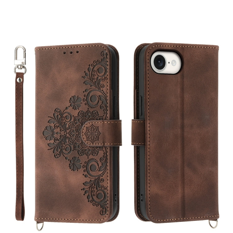 For iPhone 16e Skin-feel Flowers Embossed Wallet Leather Phone Case(Brown) by buy2fix