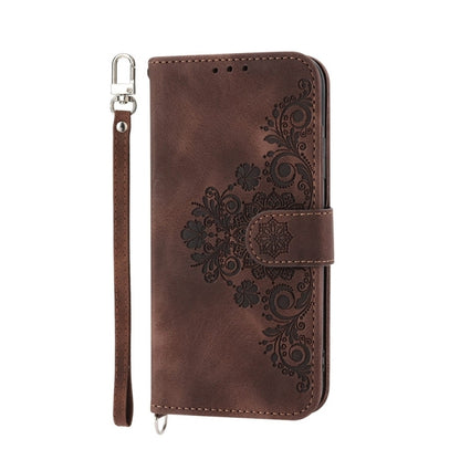 For iPhone 16e Skin-feel Flowers Embossed Wallet Leather Phone Case(Brown) by buy2fix