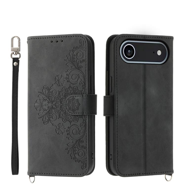 For iPhone Air Skin-feel Flowers Embossed Wallet Leather Phone Case(Black) - iPhone Air Cases by buy2fix | Online Shopping UK | buy2fix