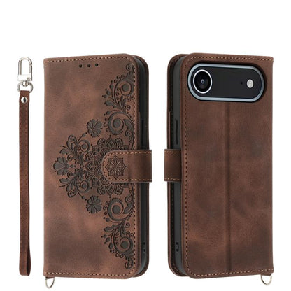 For iPhone Air Skin-feel Flowers Embossed Wallet Leather Phone Case(Brown) - iPhone Air Cases by buy2fix | Online Shopping UK | buy2fix