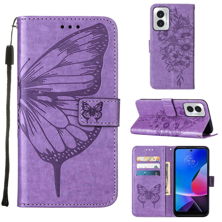 For Motorola Moto G Play 4G 2024 Embossed Butterfly Leather Phone Case(Purple) by buy2fix