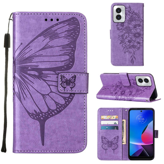 For Motorola Moto G Play 4G 2024 Embossed Butterfly Leather Phone Case(Purple) by buy2fix
