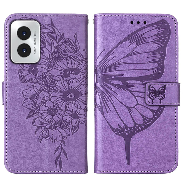For Motorola Moto G Play 4G 2024 Embossed Butterfly Leather Phone Case(Purple) by buy2fix