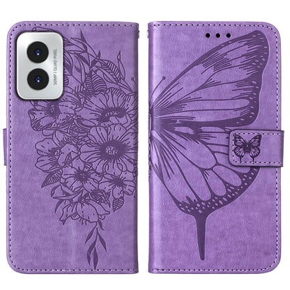 For Motorola Moto G Play 4G 2024 Embossed Butterfly Leather Phone Case(Purple) by buy2fix