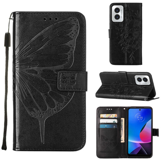 For Motorola Moto G Play 4G 2024 Embossed Butterfly Leather Phone Case(Black) by buy2fix