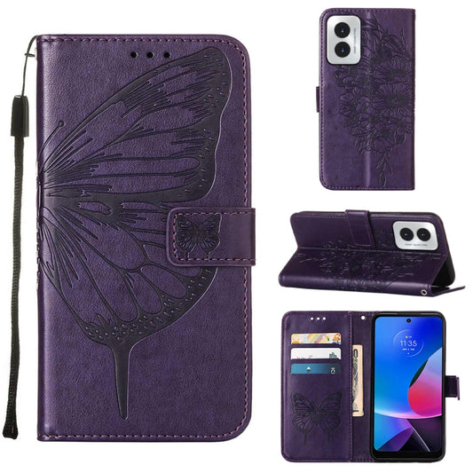 For Motorola Moto G Play 4G 2024 Embossed Butterfly Leather Phone Case(Dark Purple) by buy2fix