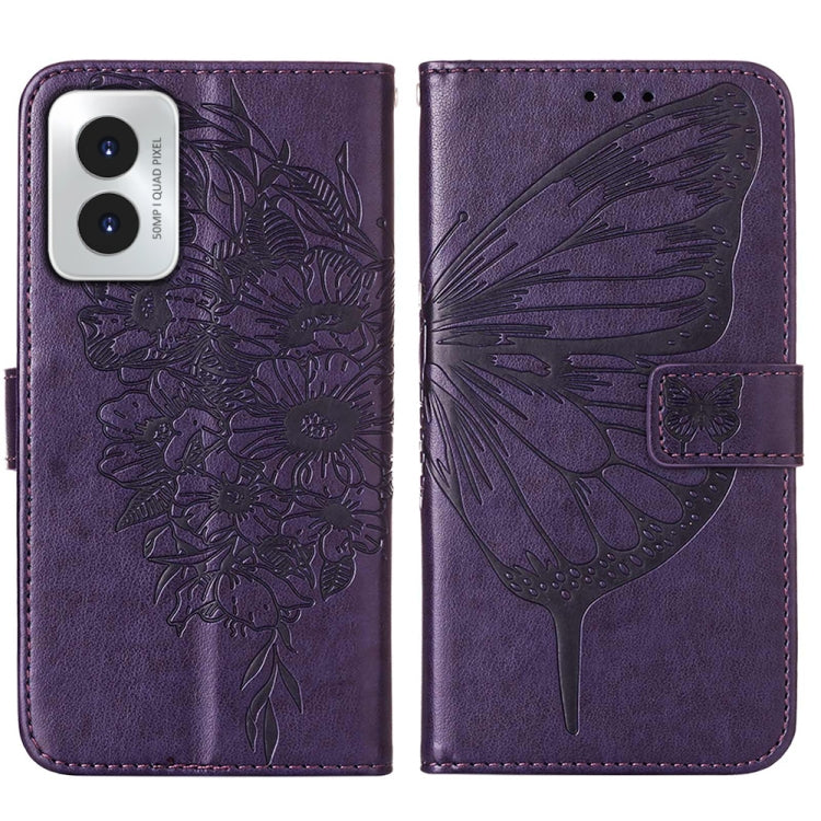 For Motorola Moto G Play 4G 2024 Embossed Butterfly Leather Phone Case(Dark Purple) by buy2fix