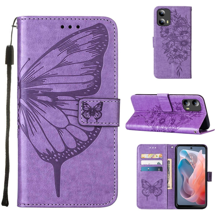 For Motorola Moto G Play 5G 2024 Embossed Butterfly Leather Phone Case(Purple) by buy2fix