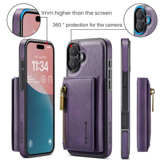 For iPhone 16 Plus DG.MING M5 Series Zip RFID Multi Card Detachable Leather Phone Case(Purple) - iPhone 16 Plus Cases by DG.MING | Online Shopping UK | buy2fix