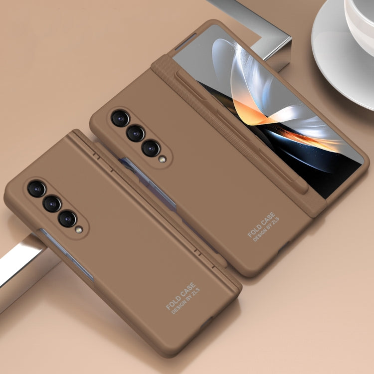 For Samsung Galaxy Z Fold4 5G Extraordinary Series Hinged Folding Full Phone Case with Pen Slot & Stylus(Coffee) - Galaxy Z Fold4 5G Cases by buy2fix | Online Shopping UK | buy2fix