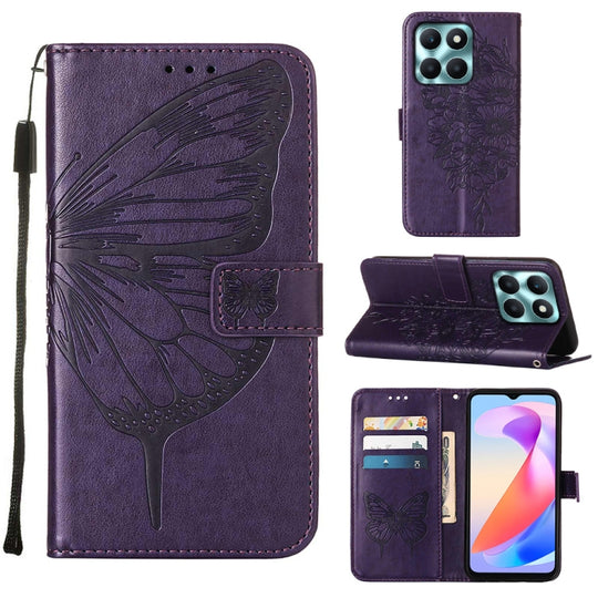 For Honor X6a Embossed Butterfly Leather Phone Case(Dark Purple)