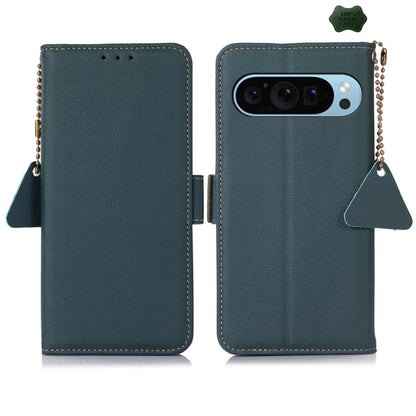 For Google Pixel 9 Side-Magnetic TJ Genuine Leather RFID Phone Case(Green) by buy2fix