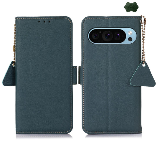 For Google Pixel 9 Side-Magnetic TJ Genuine Leather RFID Phone Case(Green) by buy2fix