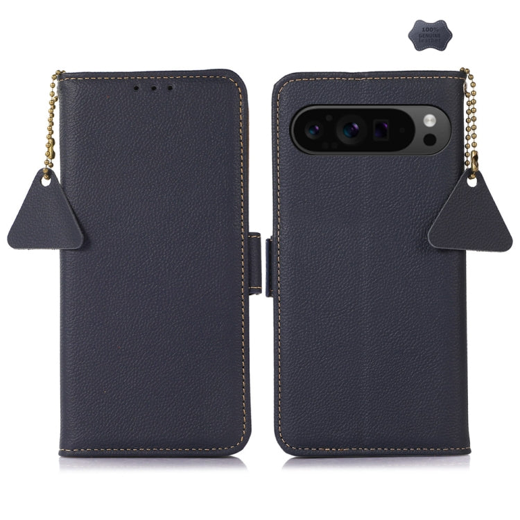 For Google Pixel 9 Pro Side-Magnetic TJ Genuine Leather RFID Phone Case(Blue) by buy2fix