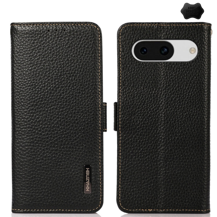 For Google Pixel 8a KHAZNEH Side-Magnetic Litchi Genuine Leather RFID Phone Case(Black) - Google Cases by buy2fix | Online Shopping UK | buy2fix
