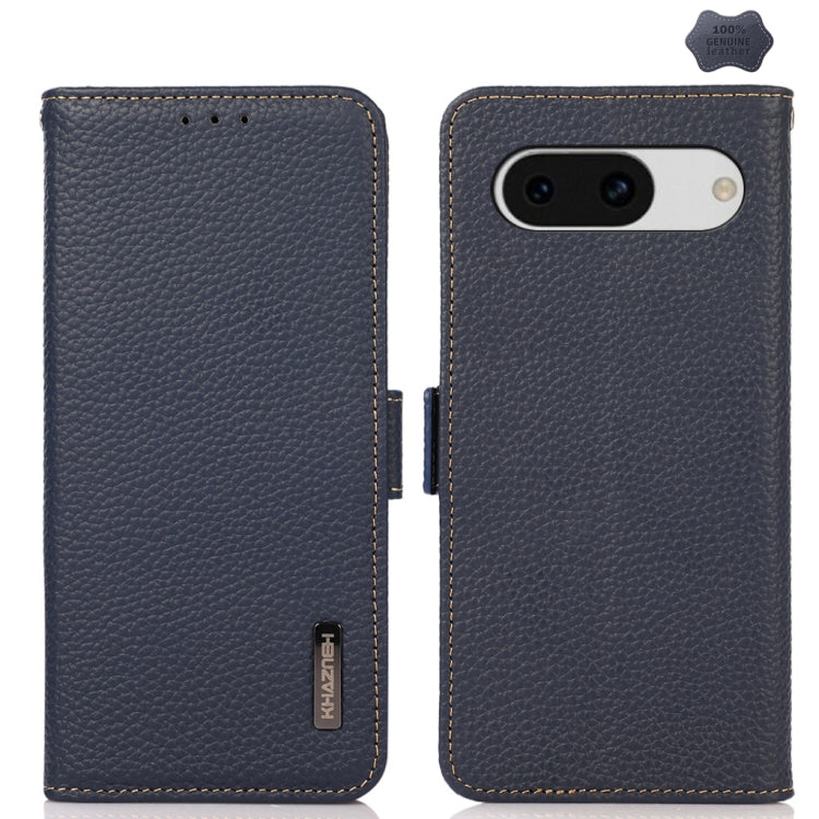 For Google Pixel 8a KHAZNEH Side-Magnetic Litchi Genuine Leather RFID Phone Case(Blue) - Google Cases by buy2fix | Online Shopping UK | buy2fix